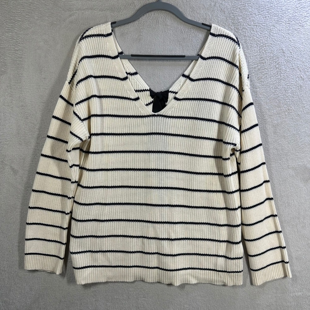 Massimo Dutti Striped Bow Back Sweater Women Size M Cream Navy Nautical Knit